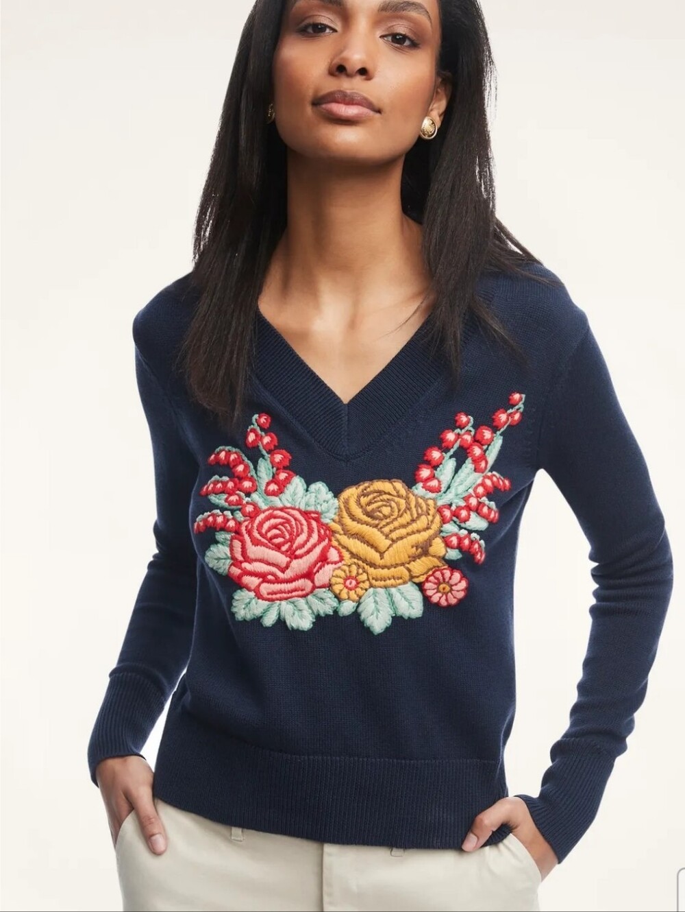 Brooks Brothers Women S Supima Cotton Floral Embroidered V Neck Sweater Navy